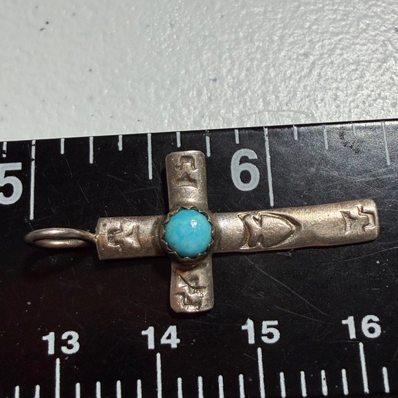 Stamped Native American Sterling Silver Cross Pendant with Turquoise Accent (2) - Picture 3 of 8